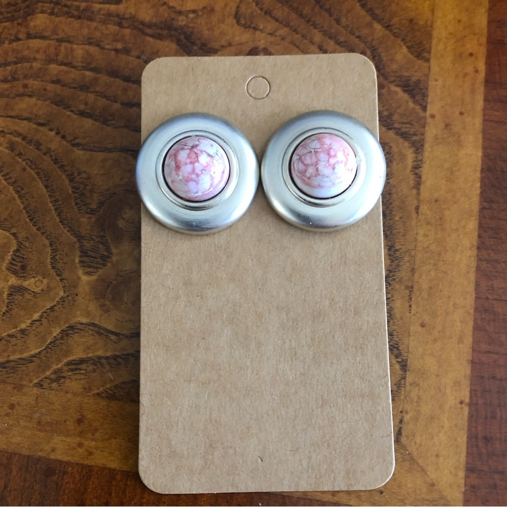 Pink marble cabochon matte silver pierced earrings